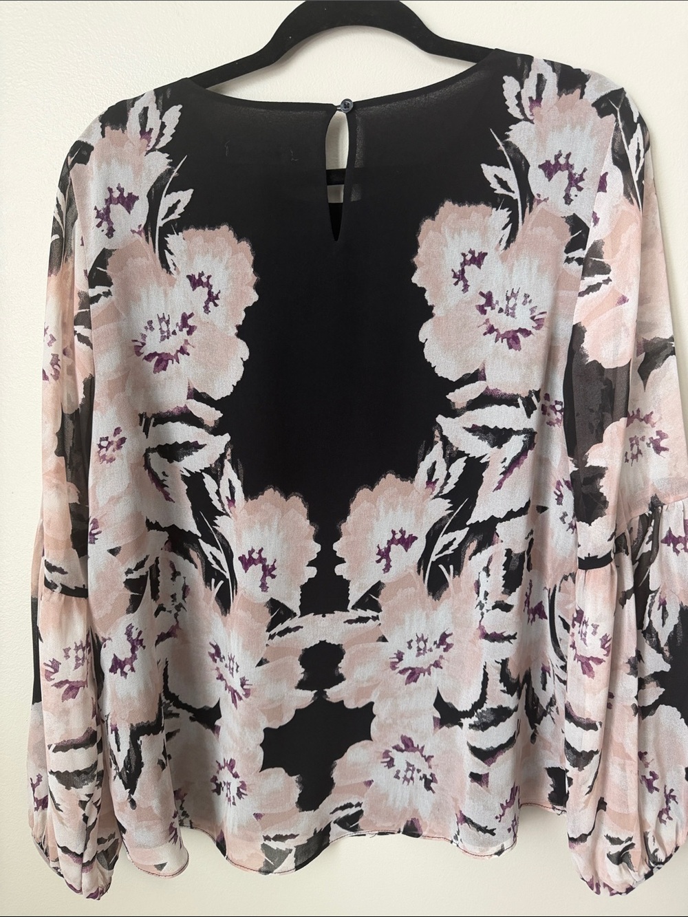 Calvin Klein Black Blouse with Soft Pink and Mauve Floral Print - Picture 8 of 11